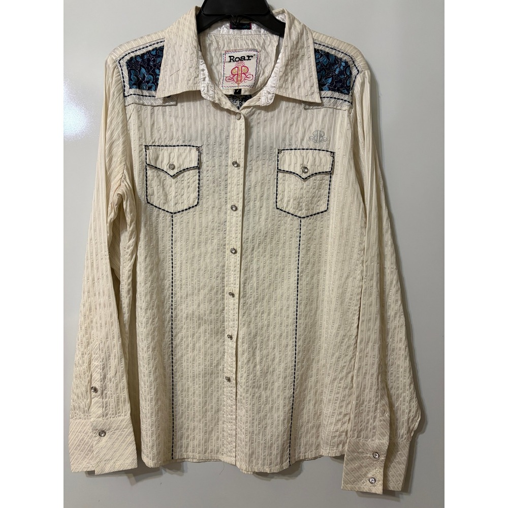 Roar Women Western Rocker Pearl Snap Shirt Large Embroidered Edgy Cowgirl‎ Rodeo